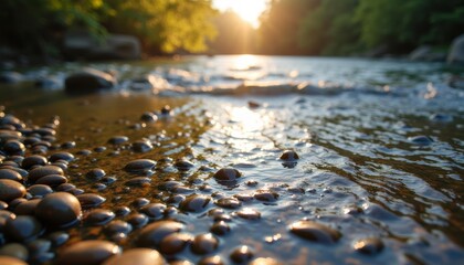 Fototapeta premium Tranquil river scene with sunlit water and rocks