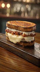 A gourmet sandwich featuring toasted bread, melted cheese, and savory fillings.