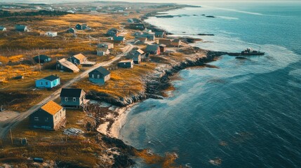 Top view of a deserted North American fishing village by the ocean, leaving space for copy