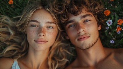 Obraz premium young beautiful couple lying on the lawn 
