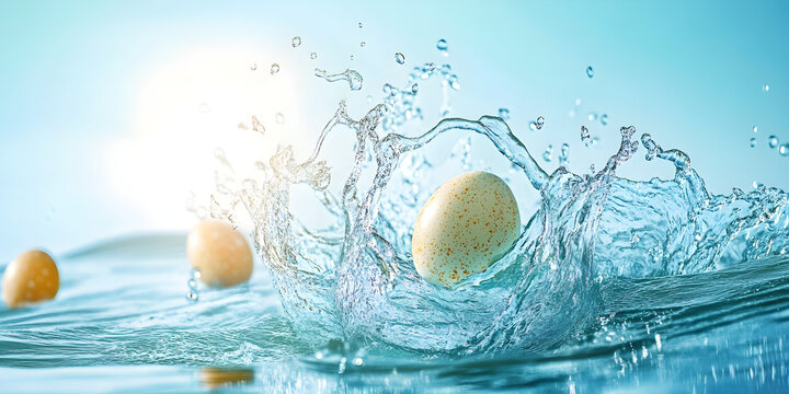 A golden egg splashes into a turquoise pool of water, surrounded by droplets creating an ethereal, tranquil atmosphere in a captivating moment of nature