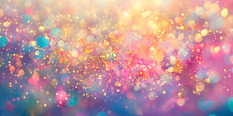 An abstract background with vibrant colors and shimmering bokeh effects creates a dreamy, festive atmosphere full of joy and wonder