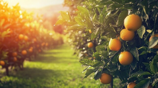 A serene orange orchard with rows of vibrant trees, each bearing ripe oranges, the fresh fruits symbolizing abundance.