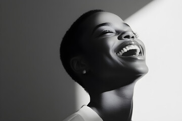 A black woman joyfully smiles, bathed in soft light, showcasing minimalism and the beauty of her features in a monochromatic setting