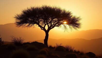 Obraz premium Sunset silhouette of a lone tree on a mountain