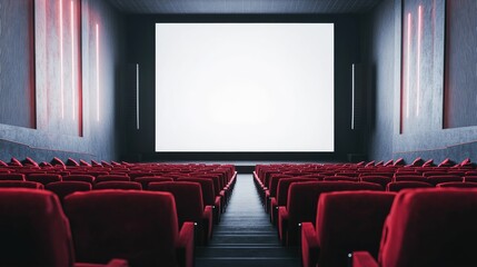 Obraz premium A spacious empty movie theater with red velvet seats and a blank screen, awaiting the start of a film, set against a white background