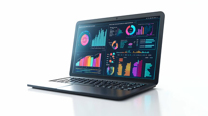 3D Vector Laptop Screen Analytics Charts Data Analysis Illustration Modern Design Infographics Market Research Business Intelligence White Background