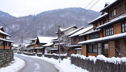 Fototapeta premium Snowy village charm in the mountains
