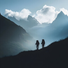Two hikers silhouetted against a majestic mountain range, surrounded by dramatic clouds and mist, evoke a sense of adventure and exploration in nature
