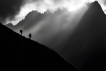 Two hikers silhouetted against a majestic mountain range with dramatic lighting and clouds creates a sense of adventure and exploration