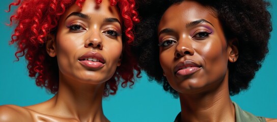 Fototapeta premium Two radiant African American women adorned with vibrant makeup and hair
