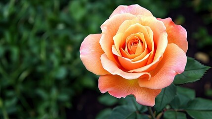 A vibrant rose blossom in coral shades, in full bloom, with fresh green leaves in the background creating a natural frame --chaos