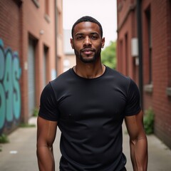 Confident African American male in fitted black tee against an urban backdrop captured under soft bokeh lighting to showcase textures and fit