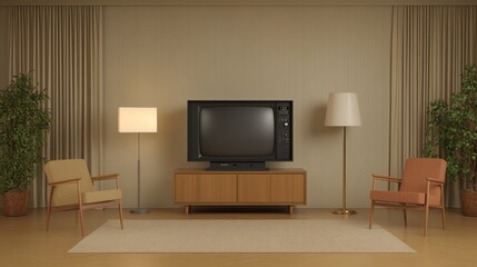 Black and white TV with static on screen in a cozy room, dim lighting, soft shadows, retro furniture and lamps, very realistic