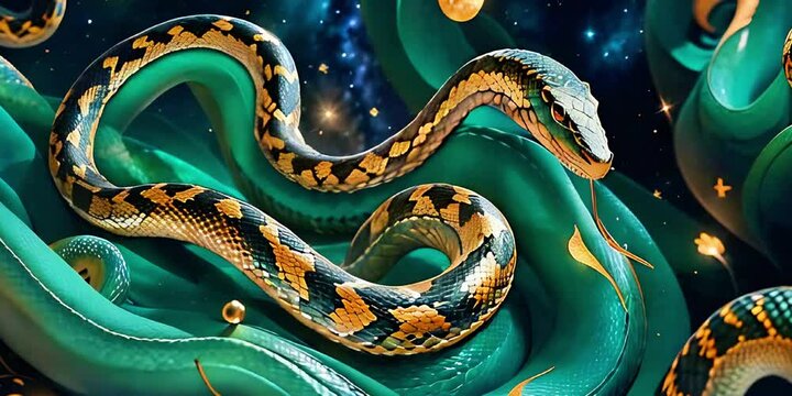 Vibrant snake coiled in a surreal fantasy environment with stars and cosmic elements