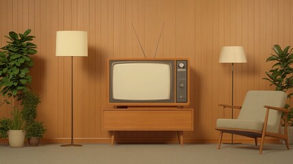 An old television with rabbit-ear antennas in a retro living room, floral wallpaper, wooden paneling, cozy chair nearby, very realistic