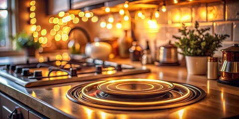 Old Electric Hob Ring Glowing with Warm Light, Kitchen Appliance Close-Up, High Depth of Field Photography for Home