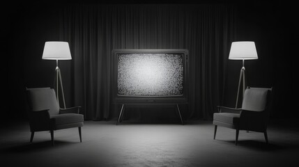 Black and white TV with static on screen in a cozy room, dim lighting, soft shadows, retro furniture and lamps, very realistic