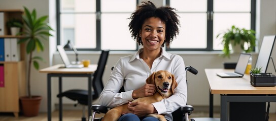 A disabled African-American woman with a service dog cuddles at her desk on Bring Your Dog To Work Day
