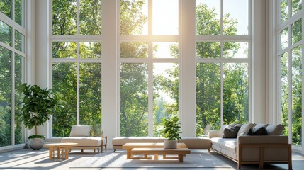 Obraz premium A large living room with a white couch, a coffee table, and a potted plant