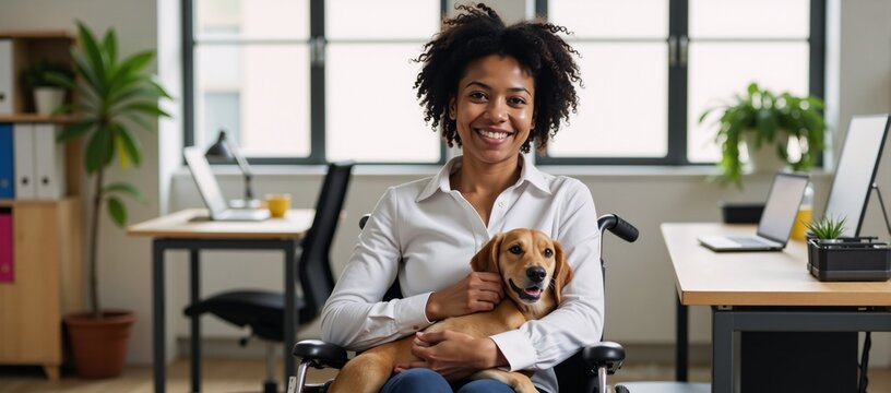 A disabled African-American woman with a service dog cuddles at her desk on Bring Your Dog To Work Day