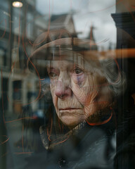 Elderly woman gazing thoughtfully through a glass window.