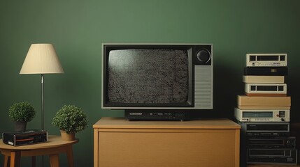 Vintage television in a dark room, single lamp on, VHS tapes stacked on a table, static filling the screen, very realistic
