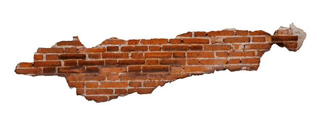 Textured cracked red brick wall background cutout in transparent background for using as graphic resource for blending with wall.