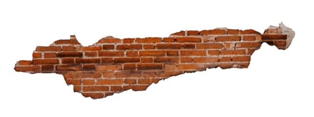 Textured cracked red brick wall background cutout in transparent background for using as graphic resource for blending with wall.