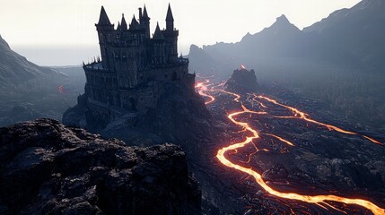 A medieval castle stands atop a cliff overlooking a river of molten lava flowing through a volcanic landscape.