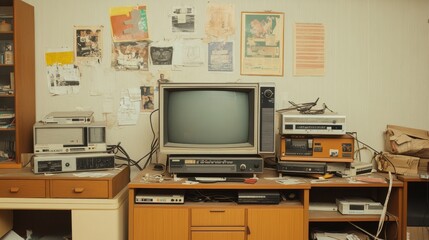 1980s style television in a grungy basement, posters peeling from the walls, cables and wires scattered around, very realistic