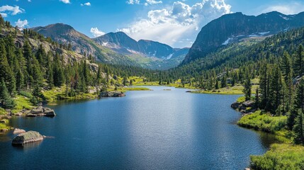 Top view of a serene lake in the Rocky Mountains with clear skies, leaving room for copy