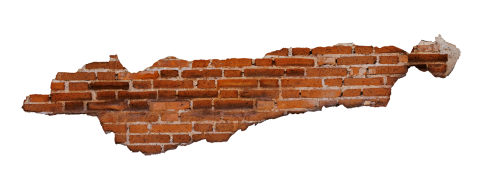 Textured cracked red brick wall background cutout in transparent background for using as graphic resource for blending with wall.