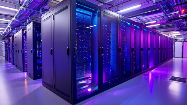 Server room with advanced cooling systems, including liquid cooling units, and energy-efficient hardware for eco-friendly data processing - Powered by Adobe