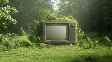 An old television in a forest, moss growing over the TV, sunlight filtering through the trees, mystical atmosphere, very realistic