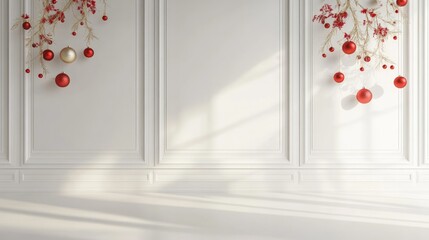 white room with white border panel walls and red, christmas decorations on the wall.