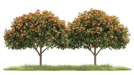 Abundant orange trees loaded with ripe fruit, symbolizing the freshness and richness of the harvest season, isolated on white