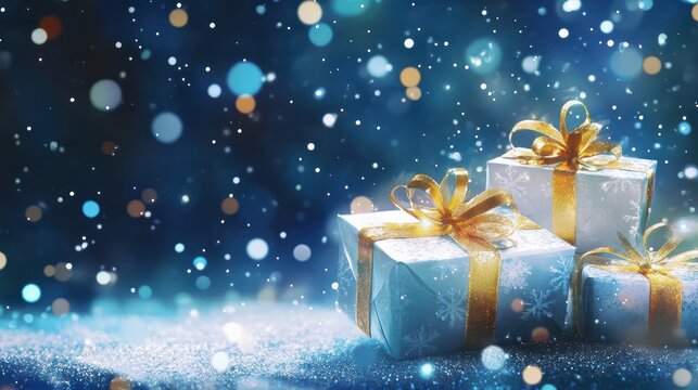 Magical holiday gift boxes with sparkling bokeh background. Festive Christmas presents, dreamy atmosphere for seasonal designs