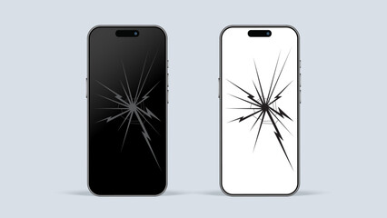 Cracked and Broken Screen of Black Modern Smartphone. Vector Illustration of Dropped Mobile Phone Display Issue with Shadow.