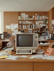 Fototapeta premium Old TV set placed on a cluttered office desk, old papers, typewriter, rotary phone, sepia-toned lighting, very realistic