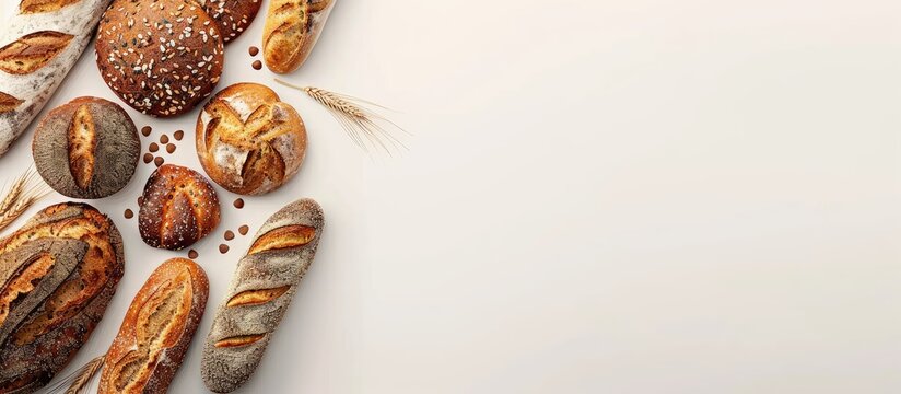 Top down view of various bread types arranged with ample free space for text creating a versatile copy space image