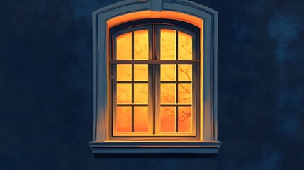 Obraz premium A single window with a warm, glowing light emanating from within, set against a dark blue background. The glass panes are obscured by shadows, creating a sense of mystery and intrigue.