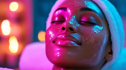 Obraz premium Smiling Woman Enjoying a Relaxing Facial Treatment with Blue Clay Mask, Surrounded by Tropical Flowers and Greenery