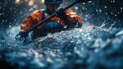 Fototapeta premium An athlete in yellow water kayaking, splashing through the rapids with determination and focus.