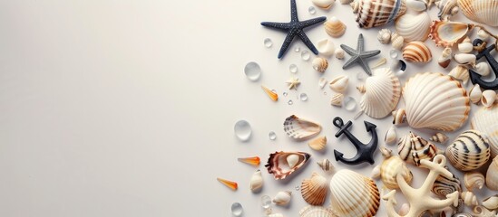 White background with shells sea pebbles glass and anchors suitable for a postcard design featuring top view with copy space image