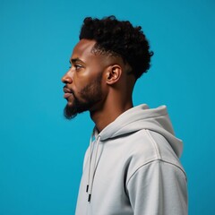 Obraz premium An African American man sporting an afro-style hairdo and dressed in a hoodie stands against an isolated blue backdrop