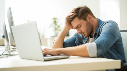 A tired, depressed man sleeping, napping on an office desk. lazy businessman, overworked, office syndrome, insomnia concept. 
