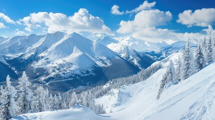 Obraz premium Top view of snow-covered North American mountains with bright blue skies, leaving room for copy
