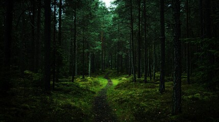 A path leading through a dense, dark forest with tall pine trees and green moss on the ground.