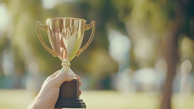 Celebrating Victory Community Spirit at an Outdoor Sports Event - Joyful Hand Holding a Trophy Amidst Enthusiastic Crowd